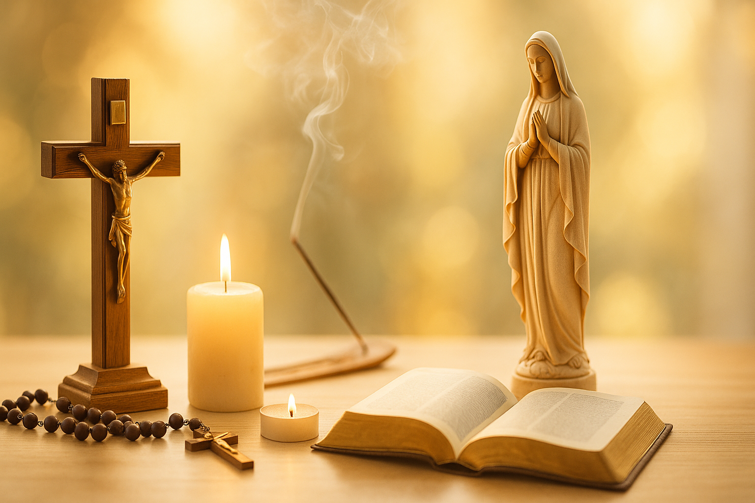 Ambiance de prière avec bougies allumées et statue religieuse